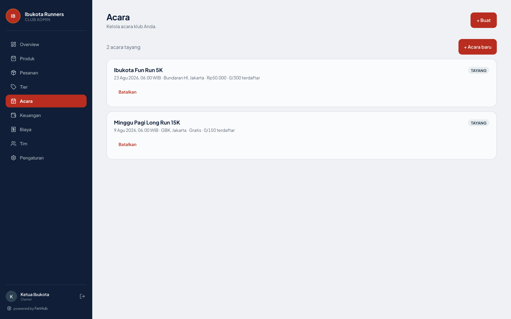 Kelola acara dari console klub, jadwal, kapasitas, dan registrasi.