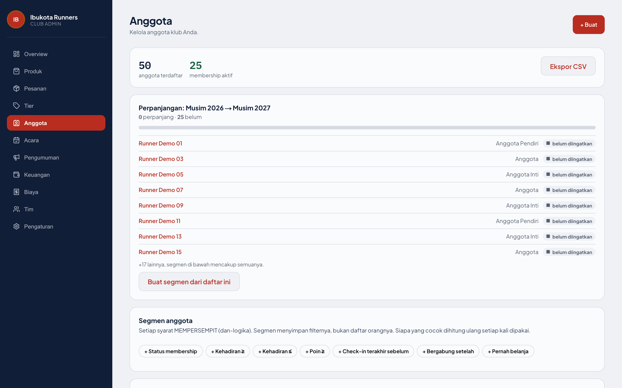Layar Anggota di konsol: jumlah anggota, ekspor CSV, daftar perpanjangan musim, dan penyusun segmen.